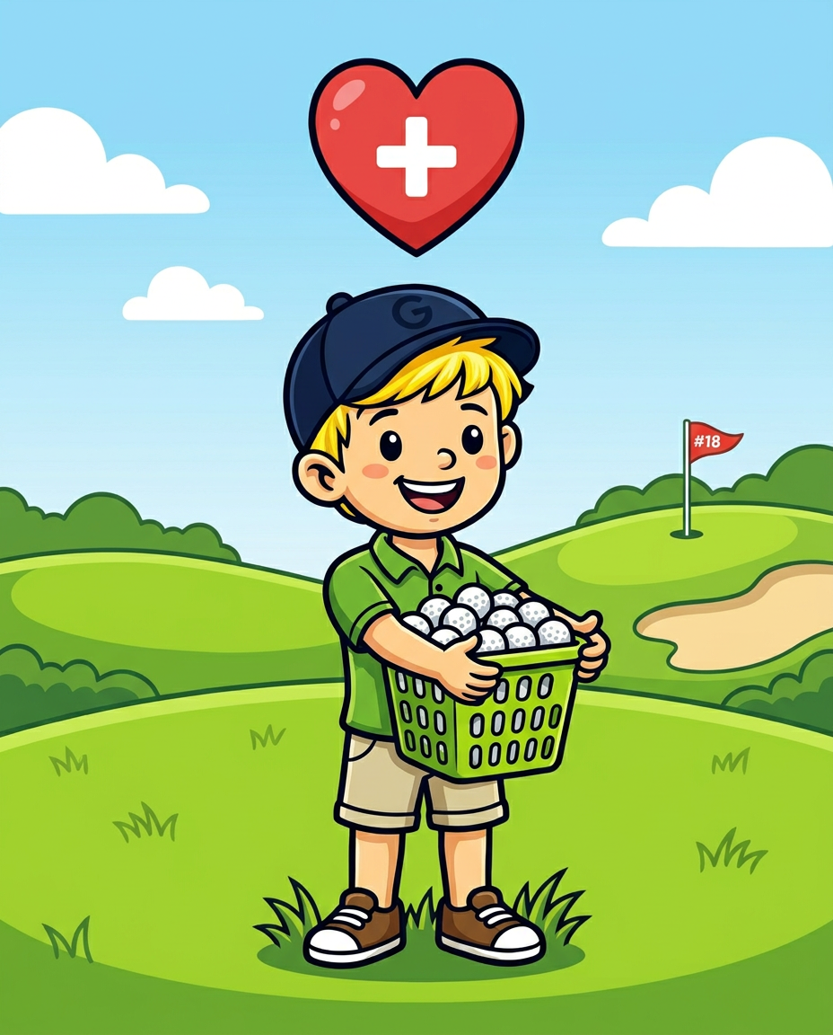 Leo donating a basket of recovered golf balls to charity