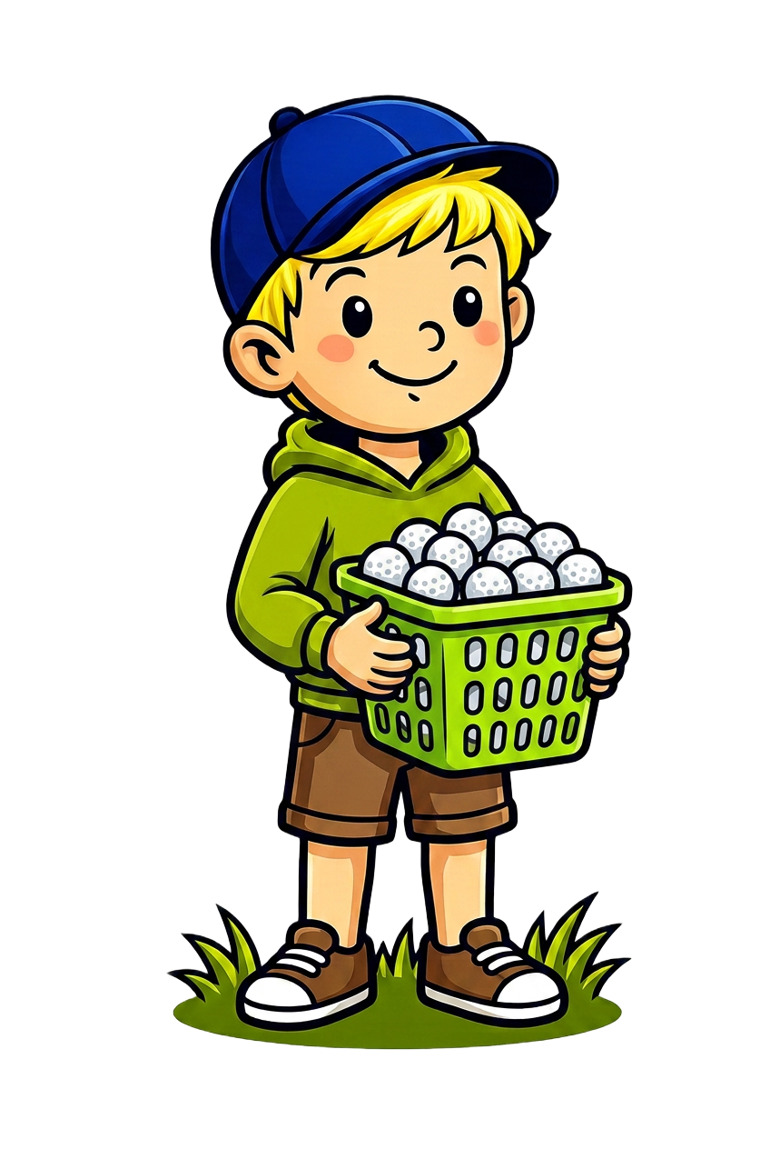 Leo the mascot with a basket of recovered golf balls